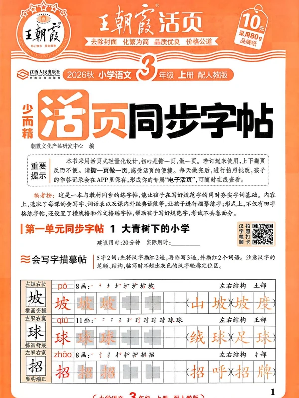 2027《王朝霞•少而精活页同步字帖》（3-6年级上）（语文）（人教版）示意封面