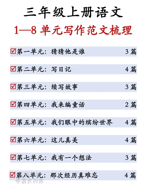 26新三年级（上）语文1-8单元同步作文范文示意封面